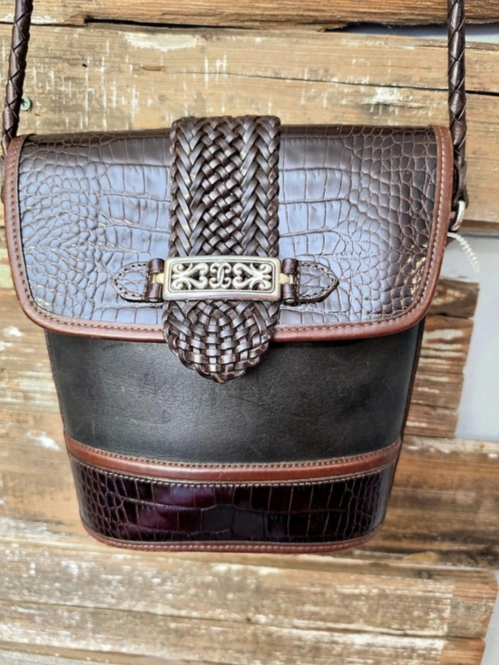 Brighton Crocodile-Embossed Shoulder Bag in Brown & Black